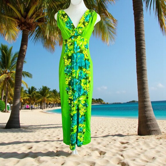 Hawaiian Togs Vintage Green Floral Barkcloth V Neck Draped Back Tiki Maxi Dress - Picture 1 of 14